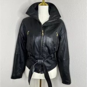 SOLD Vintage Wilson’s leather Jacket Coat Black High Collar Tie Waist Pockets